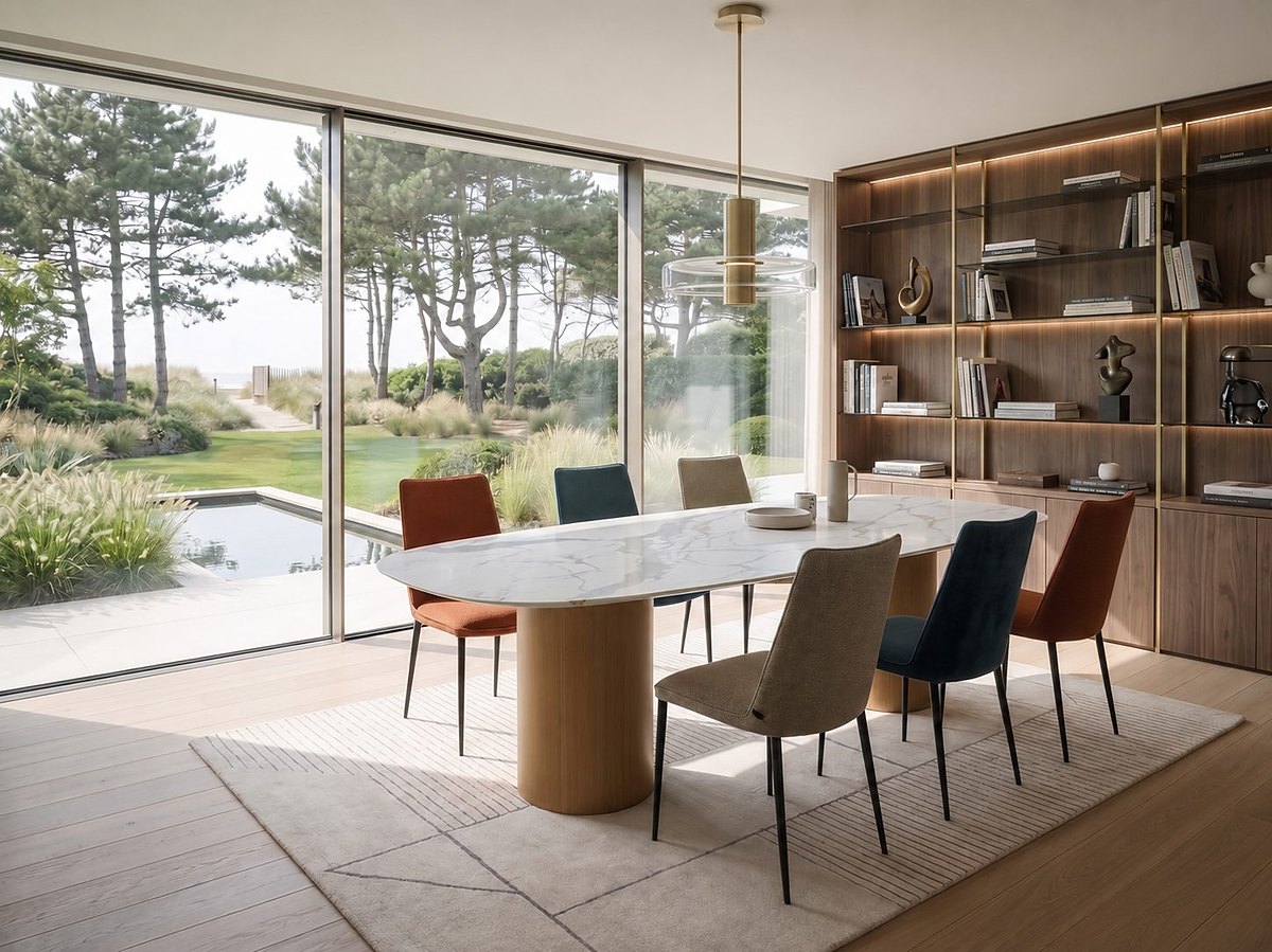 Table céramique COLOMBUS — Byblos chêne naturel · Tonneau · Cer 755 M Calacatta Royal mat