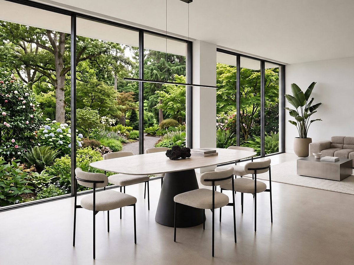 Table céramique COLOMBUS — Ikonic M05 Gun barrel · Tonneau · aspect travertin