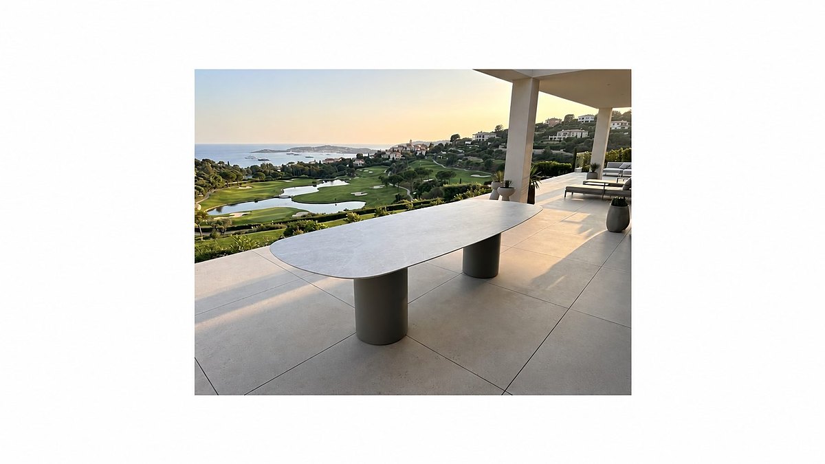 Table céramique COLOMBUS — Byblos RAL outdoor · Tonneau · Cer 888 travertin — en terrasse